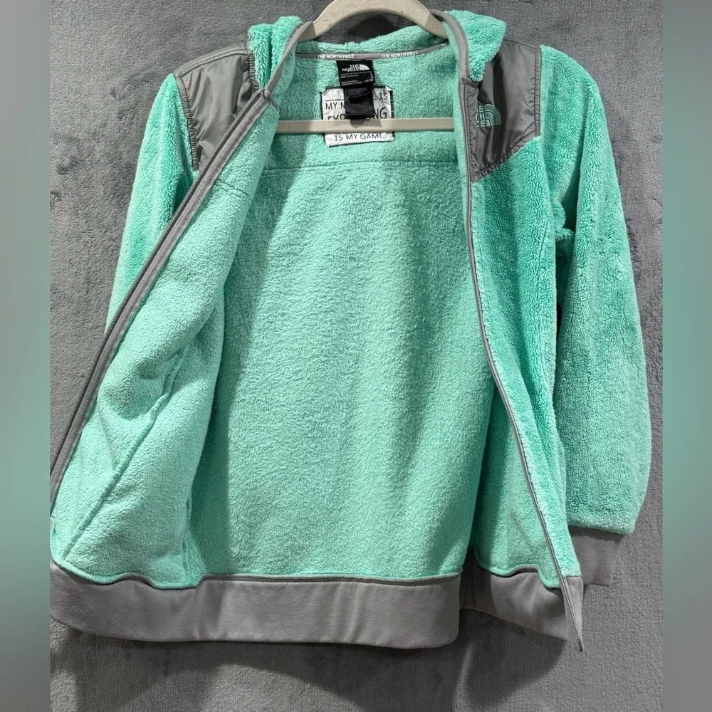 The North Face Girls Size L Soft Fuzzy Bermuda Green Fleece Hooded Jacket